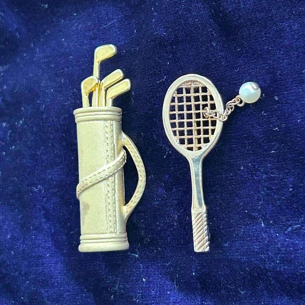 Matching golf & tennis / his & hers gold tone brooches